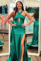 Dark Green Prom Dress Mermaid Ruche Halter Long Evening Dress With Slit