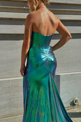 Dark Green Prom Dress Mermaid Ruche Metallic Long Evening Dress With Slit