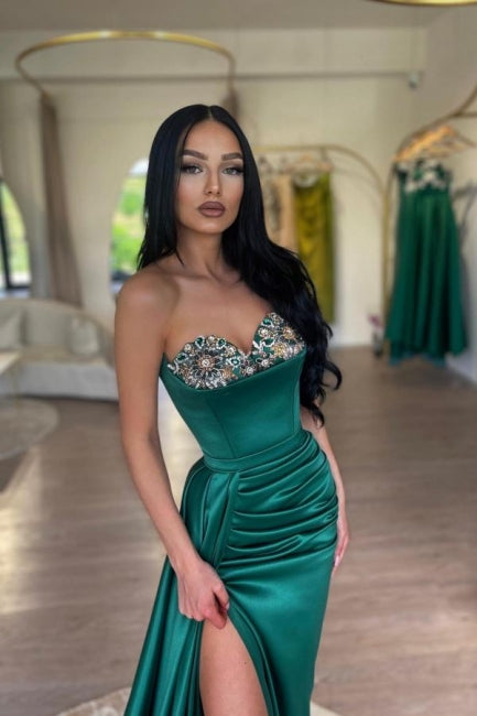 Dark Green Prom Dress Mermaid Strapless Satin Beading Formal Dress With Slit