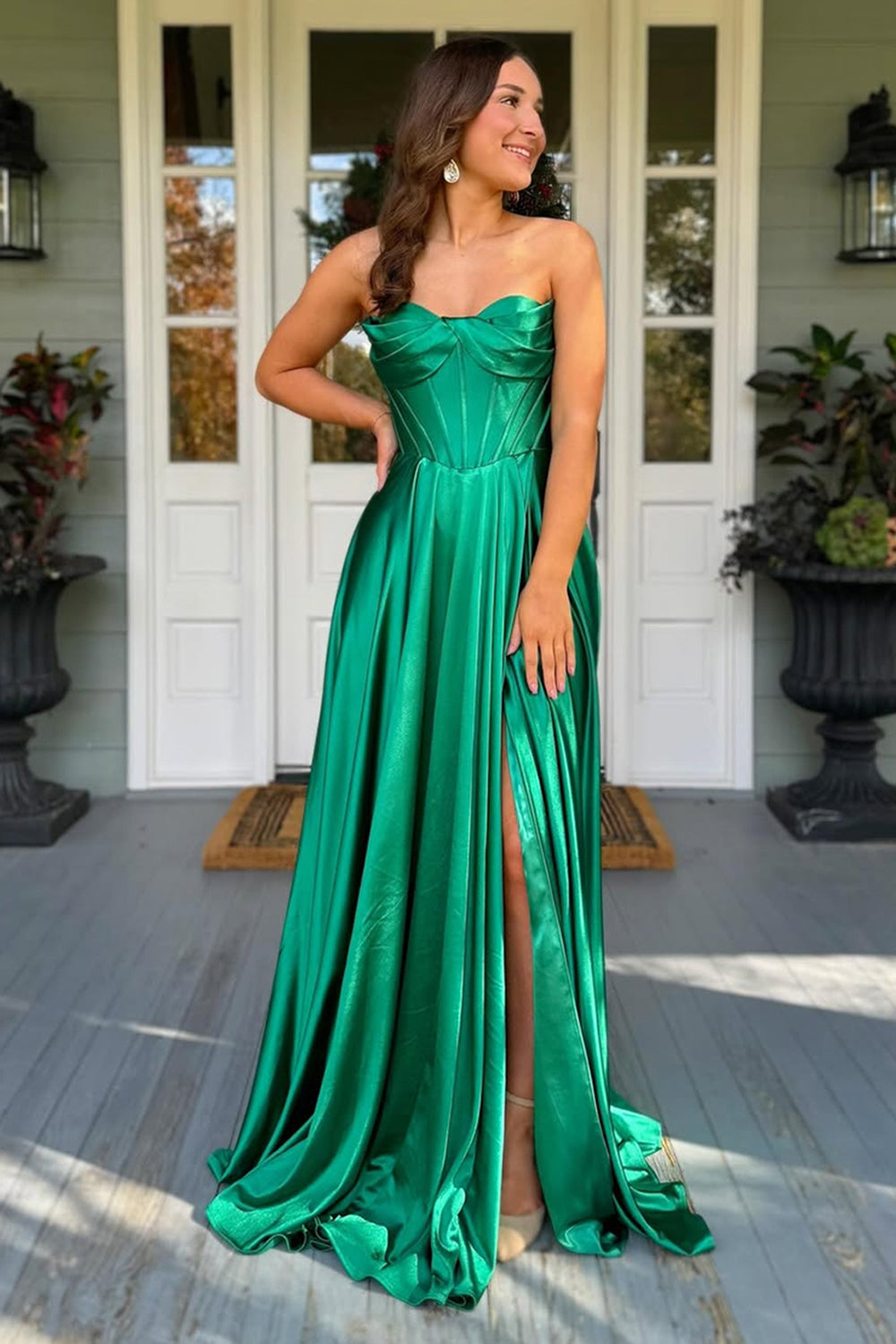 Dark Green Prom Dress Satin Corset A Line Formal Dress With Slit