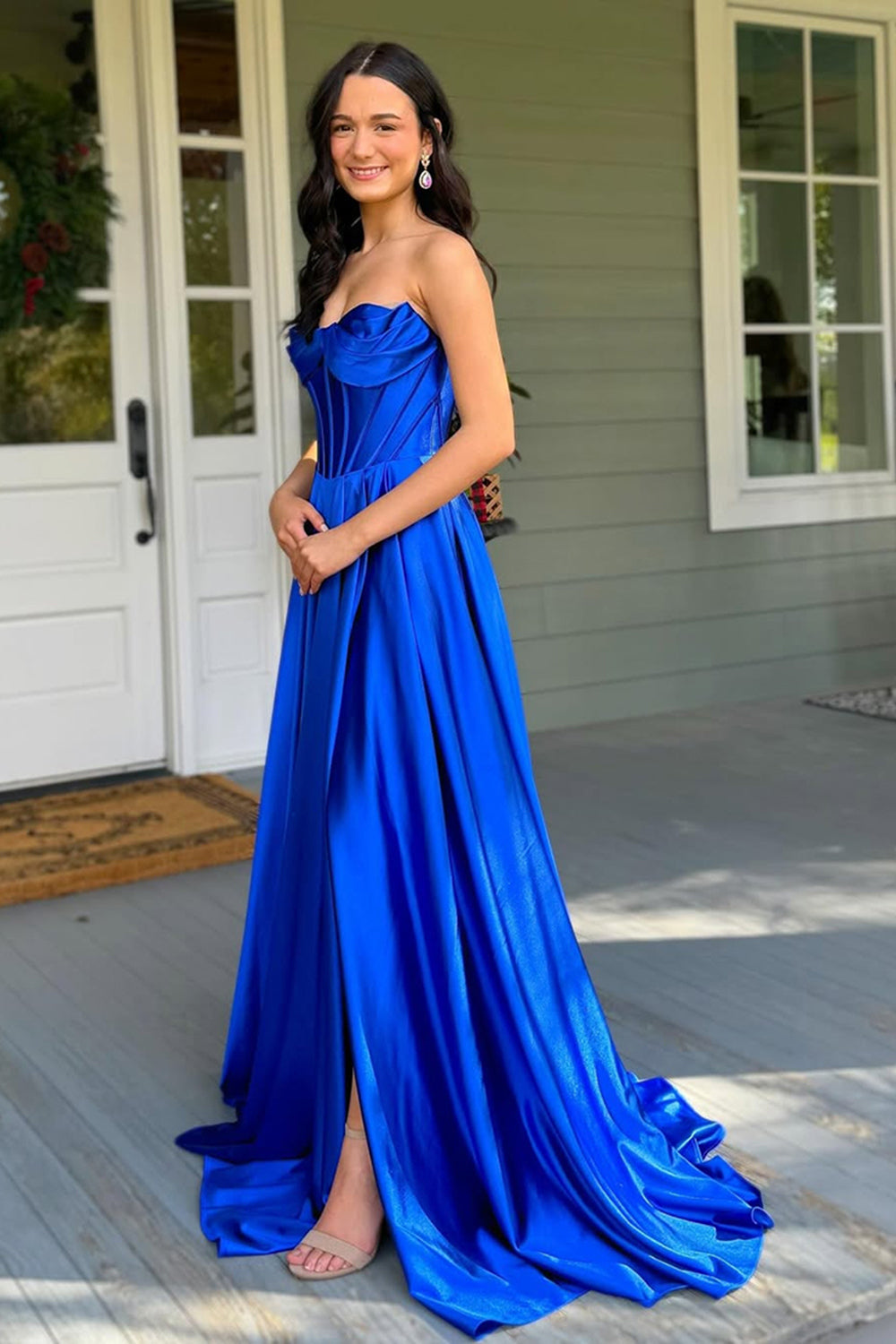 Dark Green Prom Dress Satin Corset A Line Formal Dress With Slit