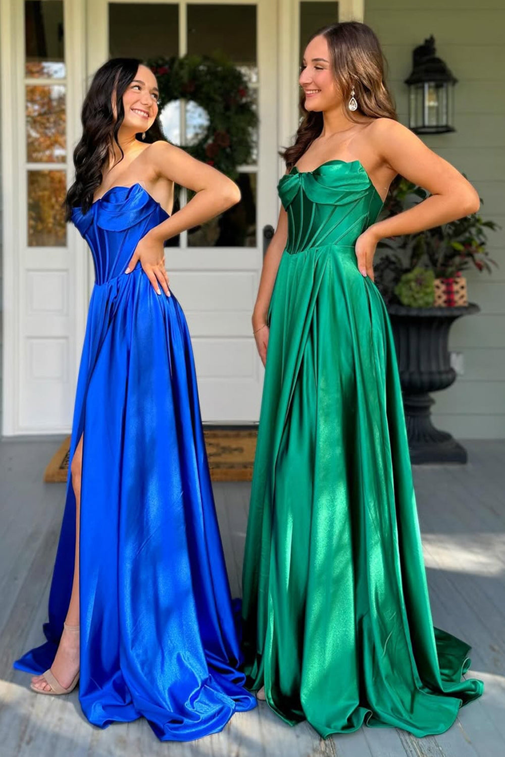 Dark Green Prom Dress Satin Corset A Line Formal Dress With Slit