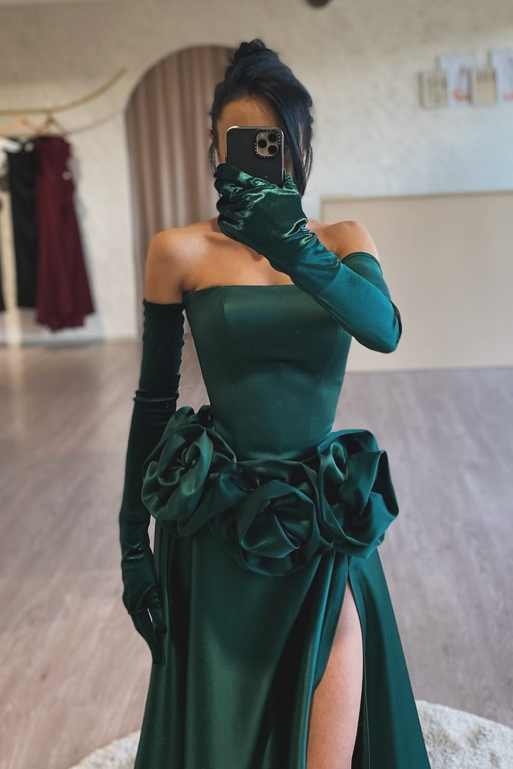 Dark Green Prom Dress Strapless A Line Sleeveless Slit Satin Formal Dress