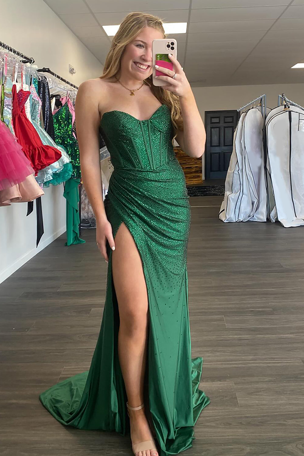 Dark Green Prom Dress Sweetheart Corset Formal Dress With Slit
