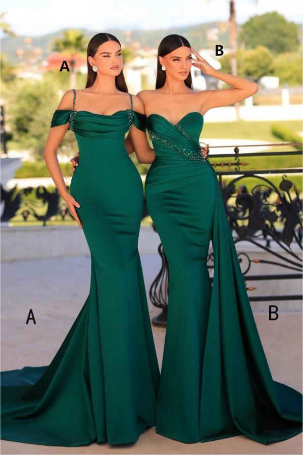 Dark Green Prom Dress Sweetheart Mermaid Beaded Satin Formal Dress