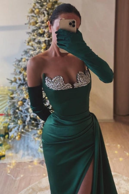 Dark Green Prom Dress Sweetheart Mermaid Beaded Slit Formal Dress With Rhinestone