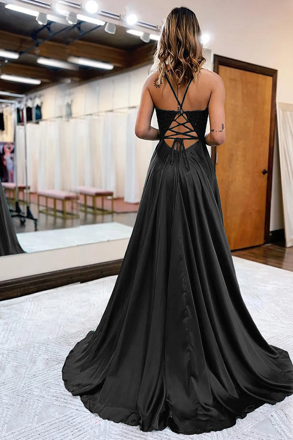Dark Green Satin A Line Appliques Prom Dress with Slit