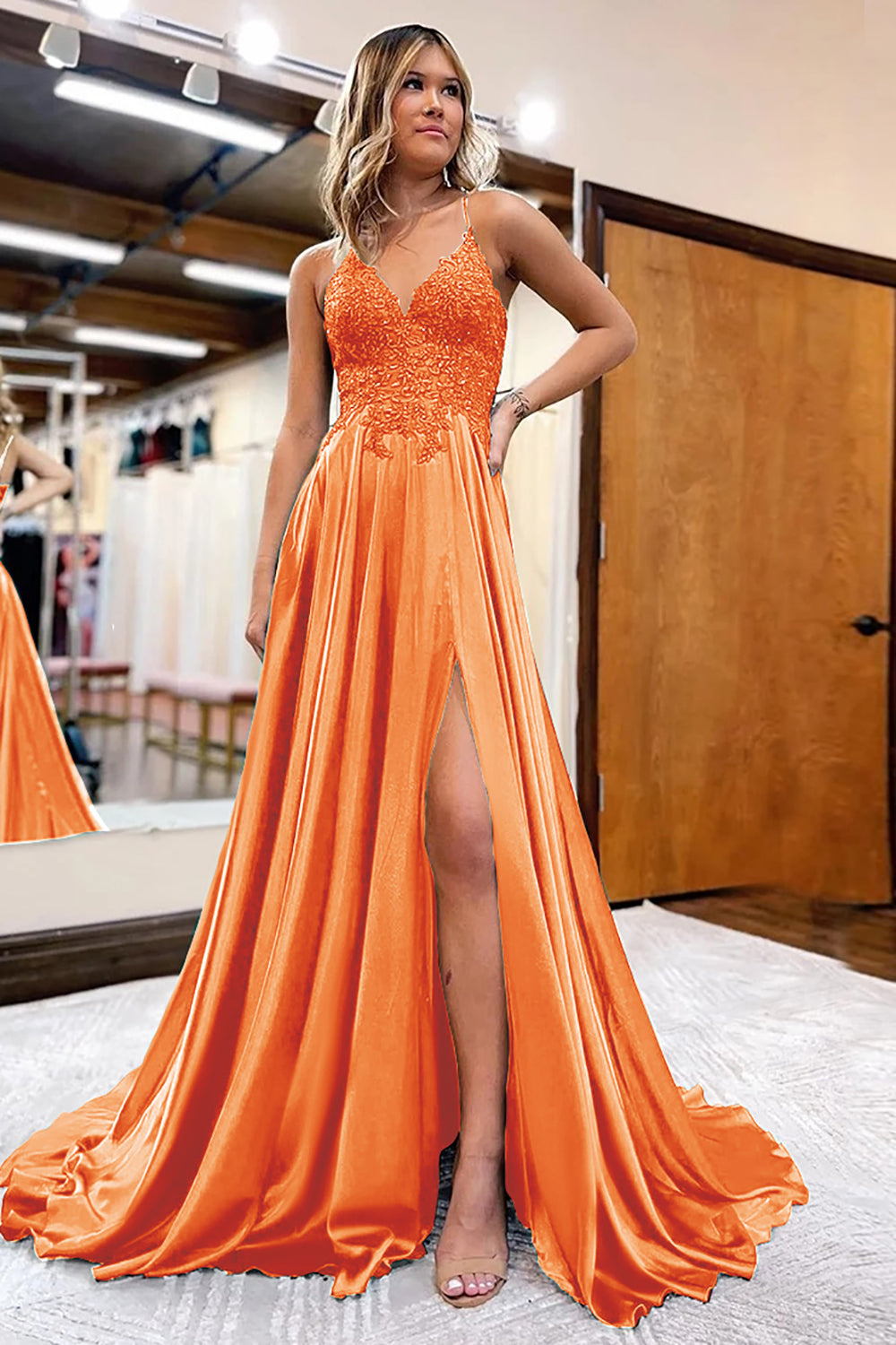 Dark Green Satin A Line Appliques Prom Dress with Slit