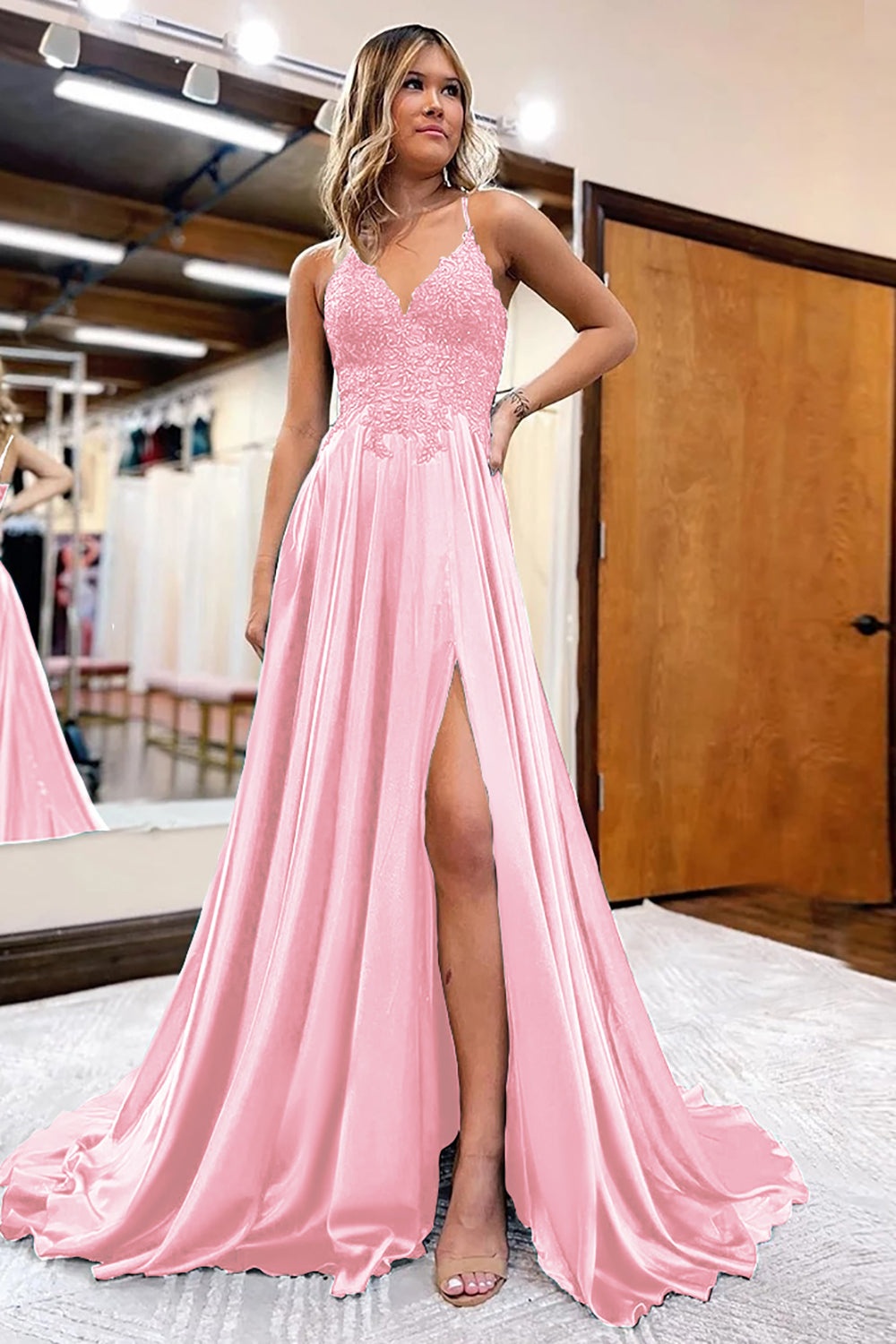 Dark Green Satin A Line Appliques Prom Dress with Slit