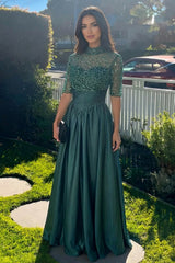 Dark Green Satin A Line Prom Dress with Half Sleeves and Beaded Bodice