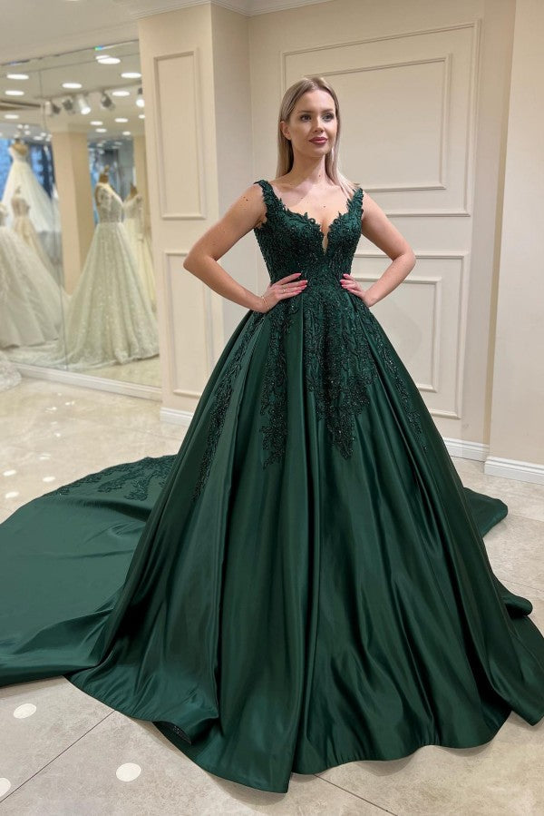 Dark Green Satin Ball Gown Prom Dress with Beaded Lace Appliques