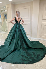 Dark Green Satin Ball Gown Prom Dress with Beaded Lace Appliques