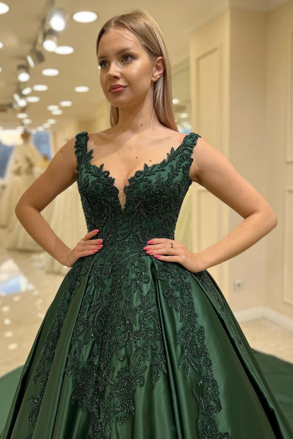 Dark Green Satin Ball Gown Prom Dress with Beaded Lace Appliques