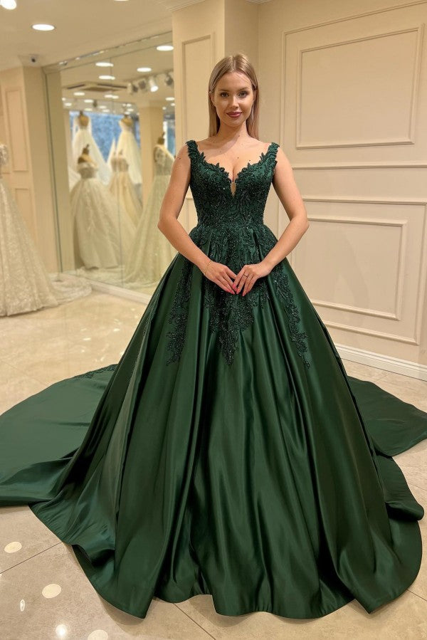 Dark Green Satin Ball Gown Prom Dress with Beaded Lace Appliques