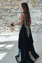 Dark Green Sleeveless V Neck Mermaid Evening Dress with Applique Split and Detachable Skirt