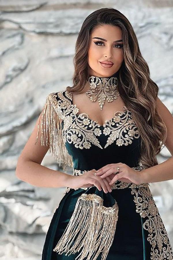 Dark Green Sleeveless V Neck Mermaid Evening Dress with Applique Split and Detachable Skirt