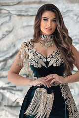 Dark Green Sleeveless V Neck Mermaid Evening Dress with Applique Split and Detachable Skirt