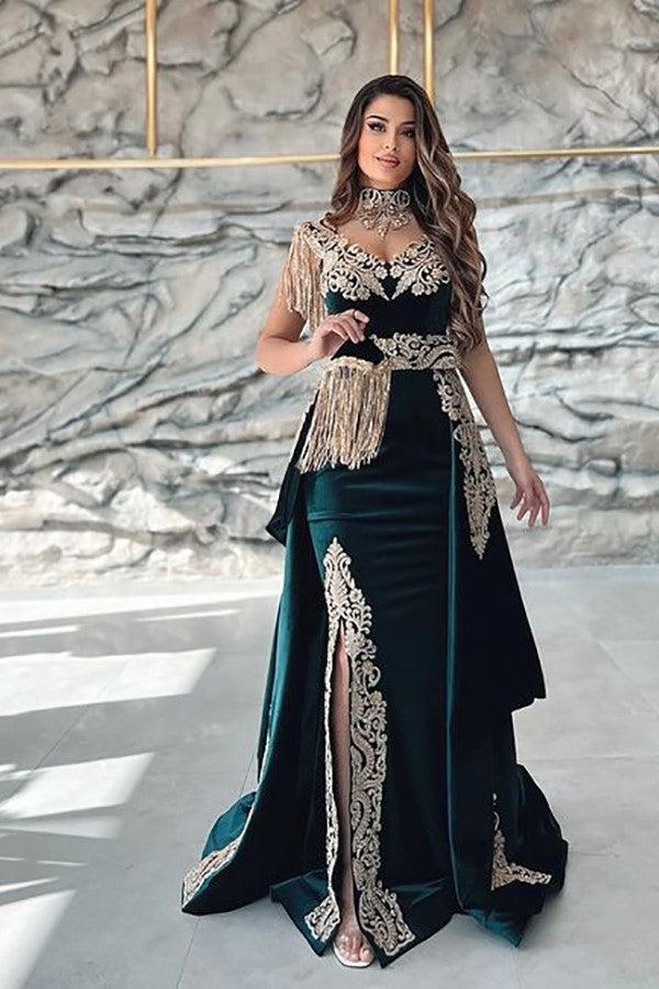 Dark Green Sleeveless V Neck Mermaid Evening Dress with Applique Split and Detachable Skirt