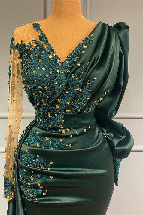 Dark Green V Neck Long Sleeve Evening Dress with Beading and Lace Appliques