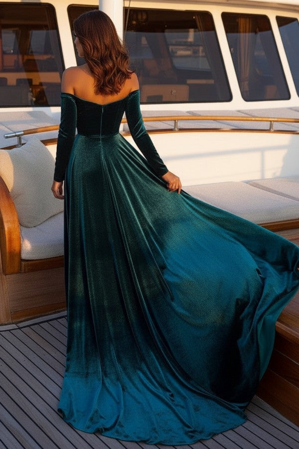 Dark Green Velvet A Line Evening Dress with Off Shoulder and Long Sleeves