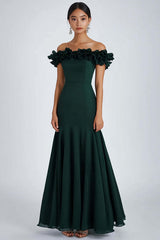 Dark Green Wedding Guest Dress Satin Off The Shoulder A Line Evening Dress With Ruffles
