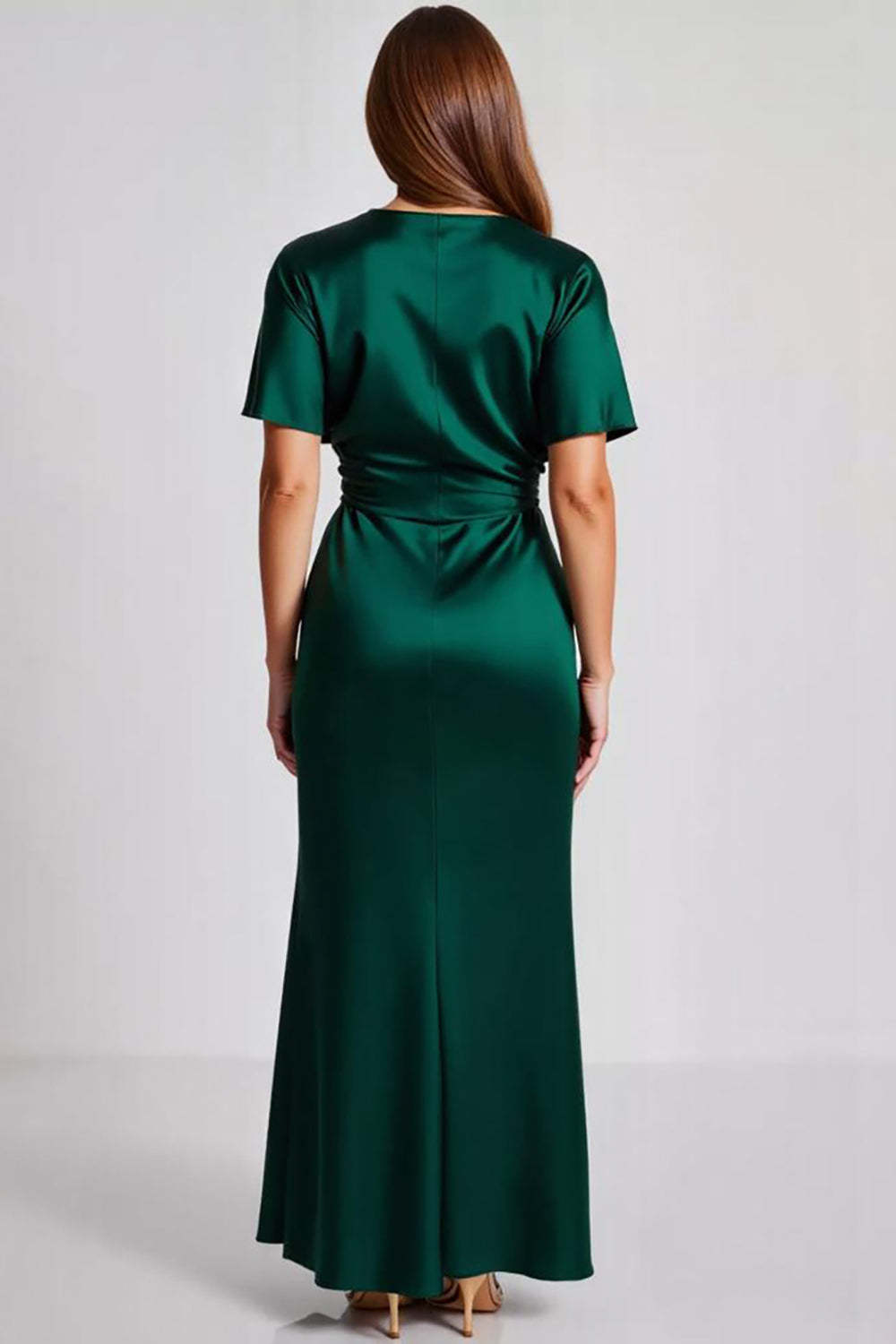 Dark Green Wedding Guest Dress Satin Short Sleeves V Neck Sheath Long Evening Dress