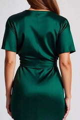 Dark Green Wedding Guest Dress Satin Short Sleeves V Neck Sheath Long Evening Dress