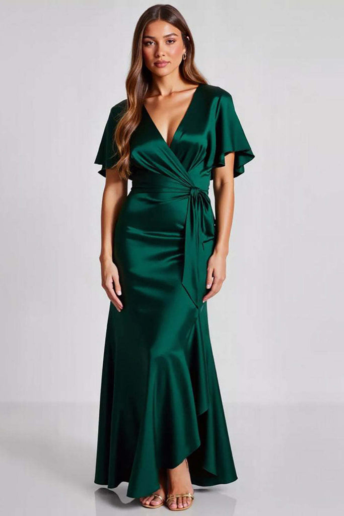 Dreamyannie UK Dark Green Wedding Guest Dress Satin Short Sleeves V Neck  Sheath Long Evening Dress