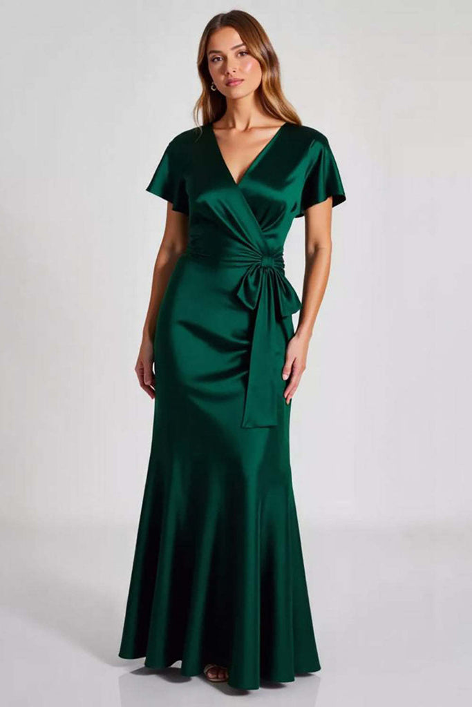 Dreamyannie UK Dark Green Wedding Guest Dress Satin V-Neck Long Sheath Evening Dress With Short Sleeves Dreamyannie UK Dark Green Wedding Guest Dress Satin V-Neck Long Sheath Evening Dress With Short Sleeves