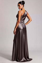 Dark Grey Wedding Guest Dress One Shoulder Long Satin Evening Dress With Slit