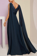 Dark Navy Prom Dress A Line V Neck Sequined Sleeveless Chiffon Formal Dress With Appliques