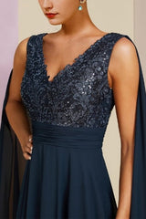 Dark Navy Prom Dress A Line V Neck Sequined Sleeveless Chiffon Formal Dress With Appliques