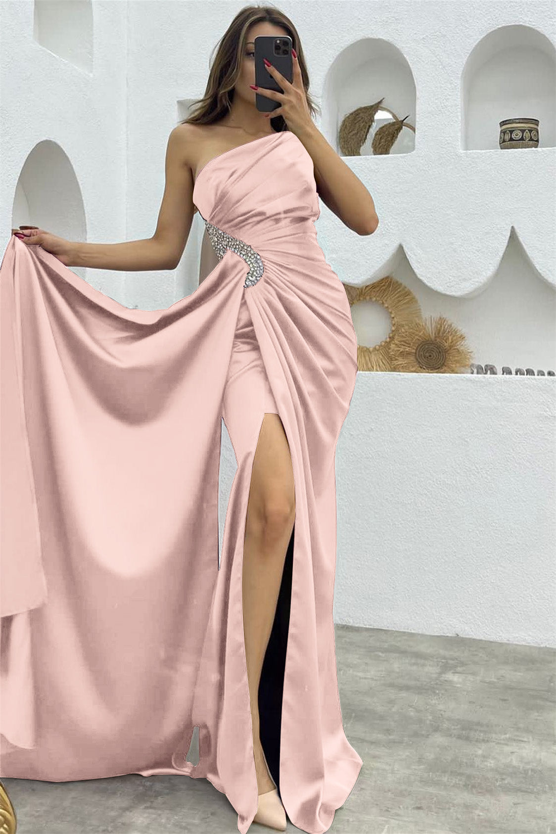 Dark Purple Sequin Split Mermaid One Shoulder Evening Dress with Long Ruffles