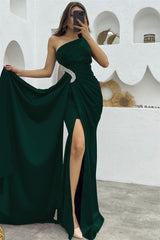 Dark Purple Sequin Split Mermaid One Shoulder Evening Dress with Long Ruffles