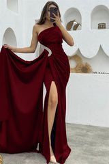 Dark Purple Sequin Split Mermaid One Shoulder Evening Dress with Long Ruffles