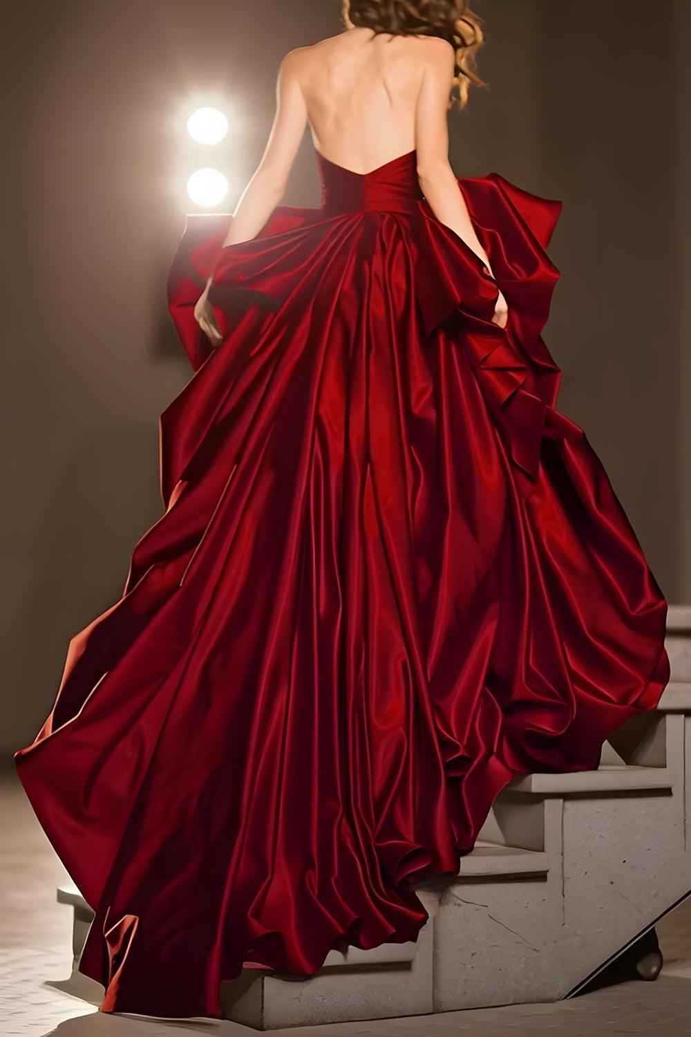 Dark Red Ball Gown Ruffled Sweetheart Long Pageant Dress With Slit
