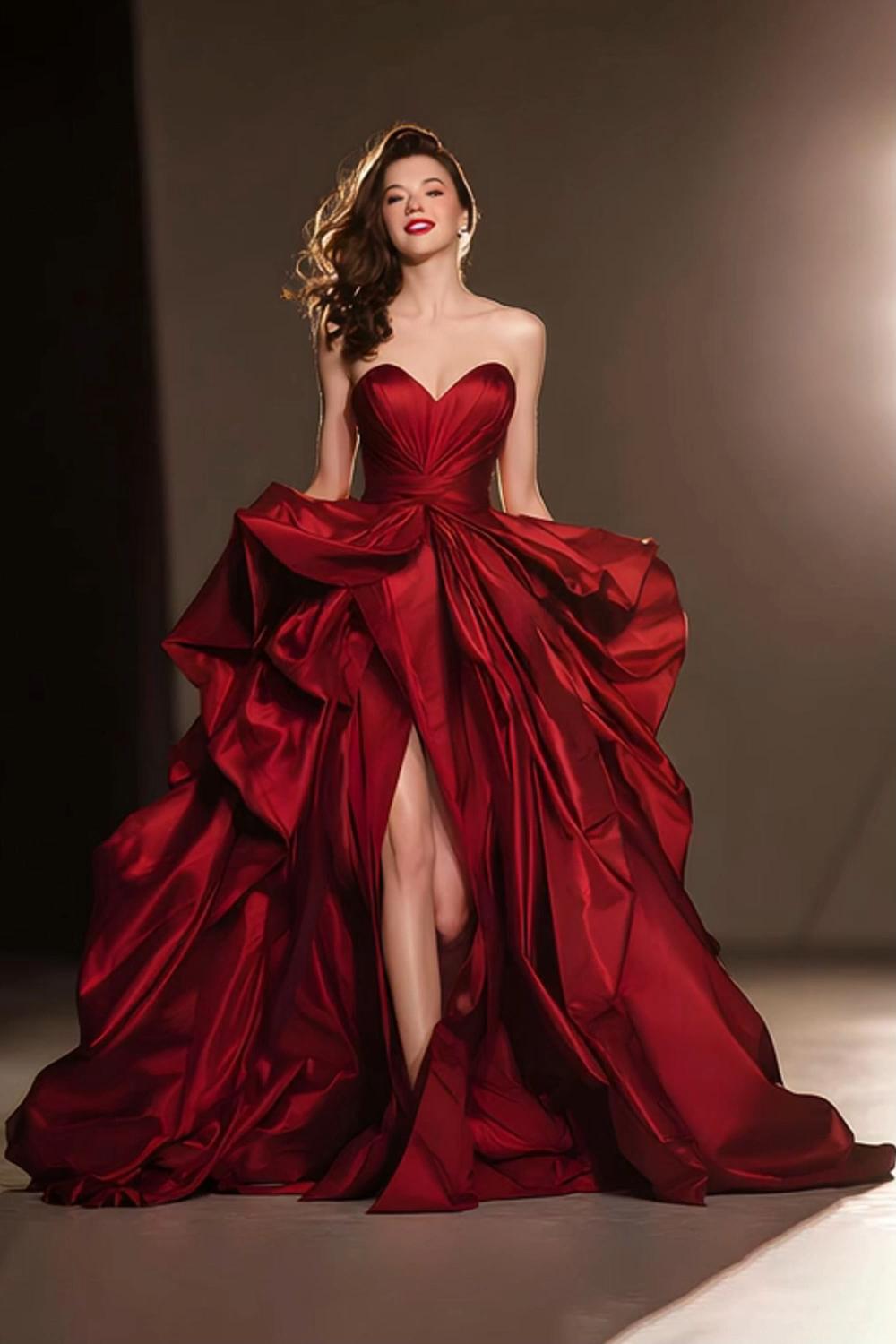 Dark Red Ball Gown Ruffled Sweetheart Long Pageant Dress With Slit