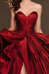 Dark Red Ball Gown Ruffled Sweetheart Long Pageant Dress With Slit
