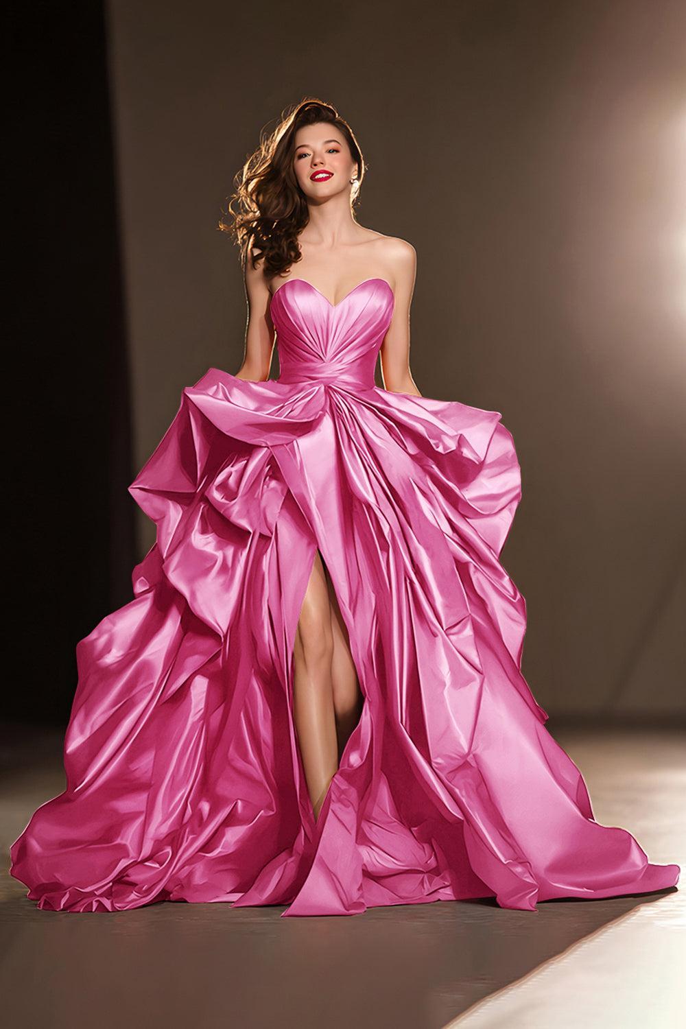 Dark Red Ball Gown Ruffled Sweetheart Long Pageant Dress With Slit