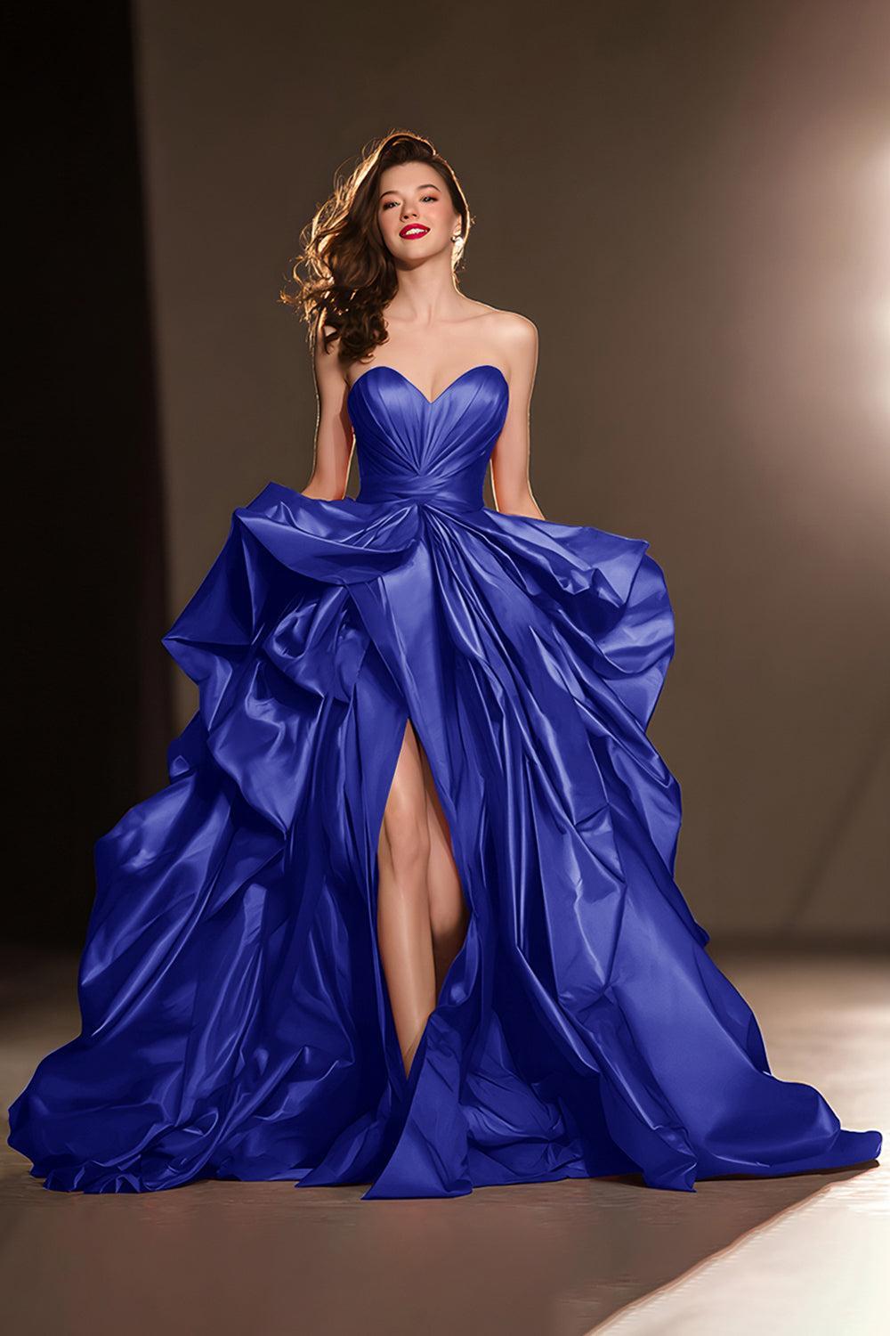 Dark Red Ball Gown Ruffled Sweetheart Long Pageant Dress With Slit