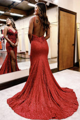 Dark Red Prom Dress Mermaid Long Lace Evening Dress With Slit