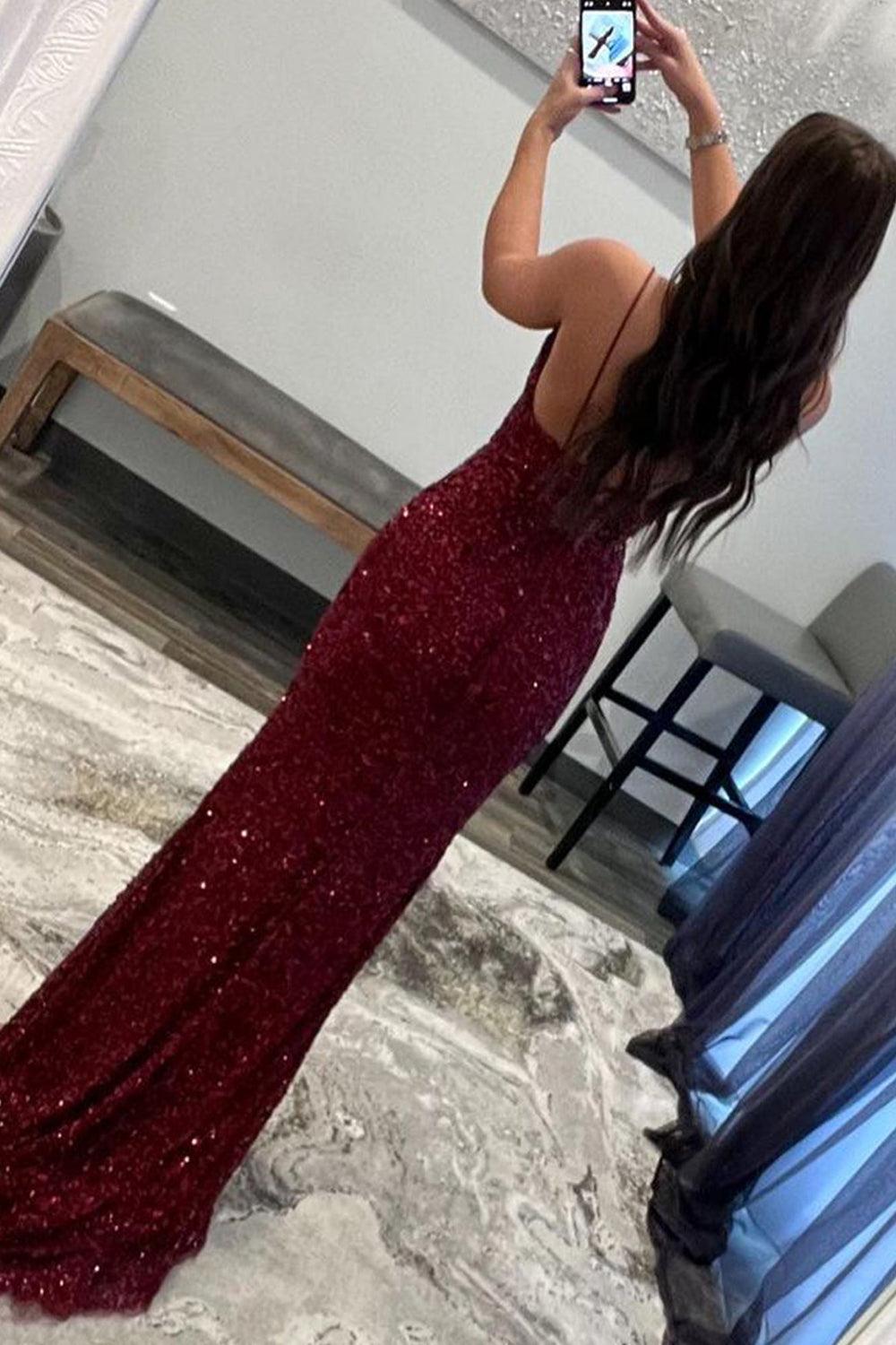 Dark Red Prom Dress Sequined Long Evening Dress with Slit Dreamyannie UK Dark Red Prom Dress Sequined Long Evening Dress with Slit Dreamyannie UK