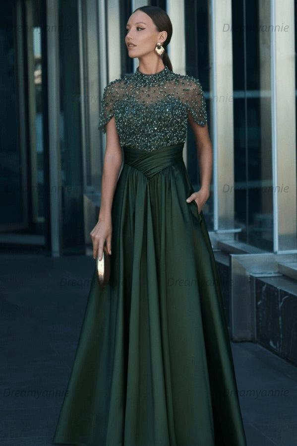 Green A Line Prom Dress Short Sleeve High Neck Beaded Evening Dress