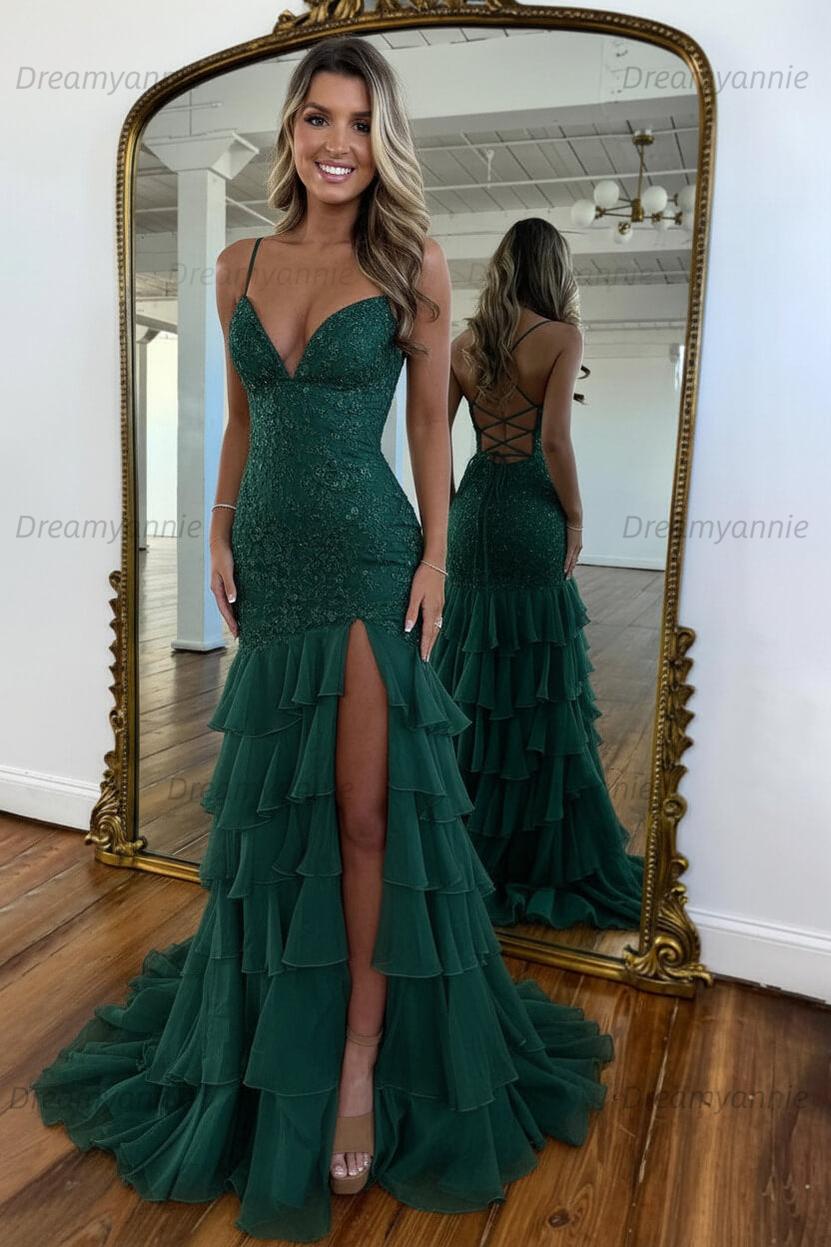 Charming Mermaid Spaghetti Straps Lace Up Long Prom Dress With Ruffle Skirt Formal Evening Gown