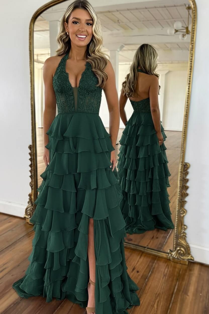 Dreamyannie Sky Blue Prom Dress Ruffled Halter Corset Evening Dress With Slit