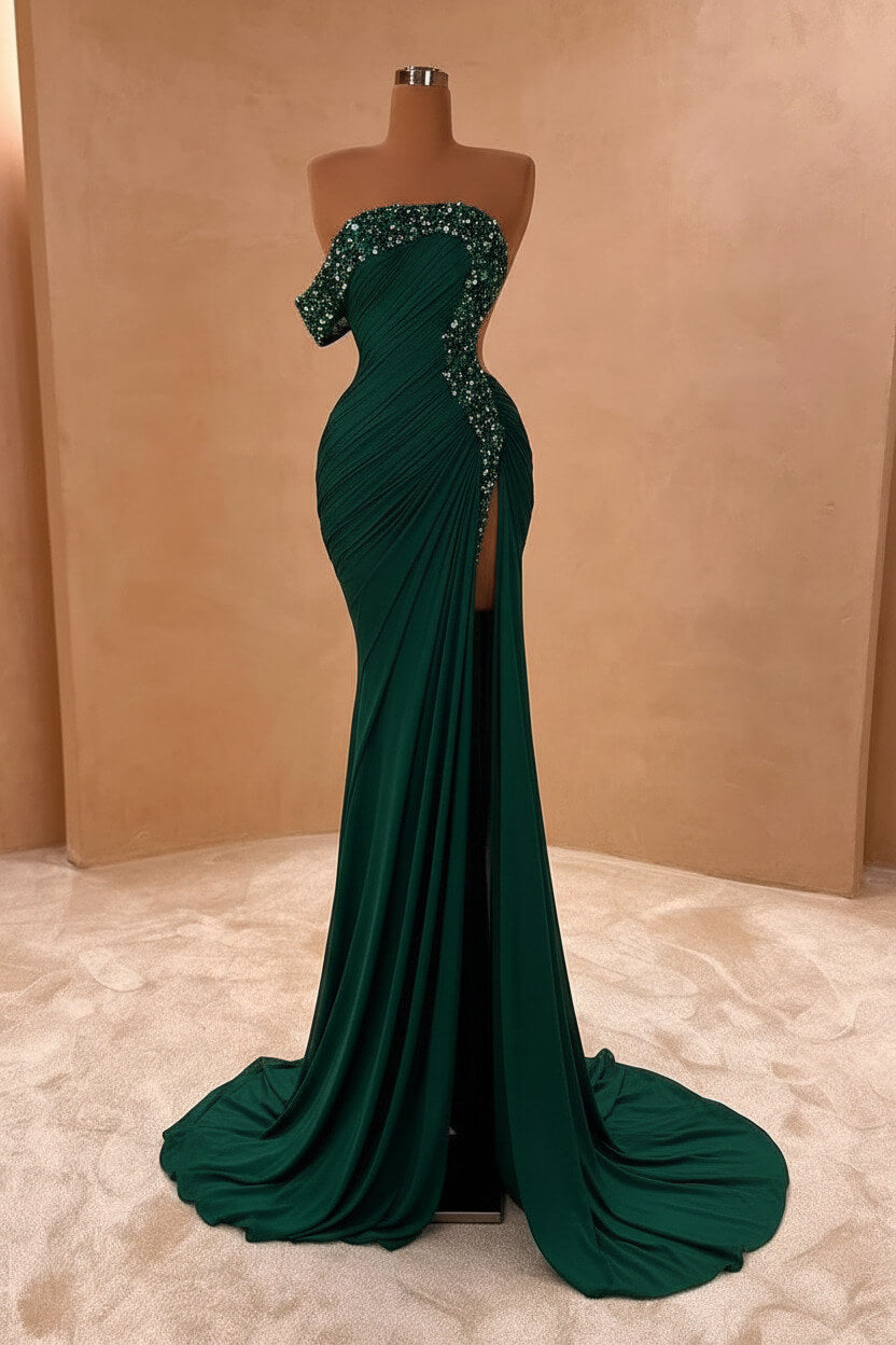 Blue Mermaid Prom Dress One Shoulder Beaded Evening Dress