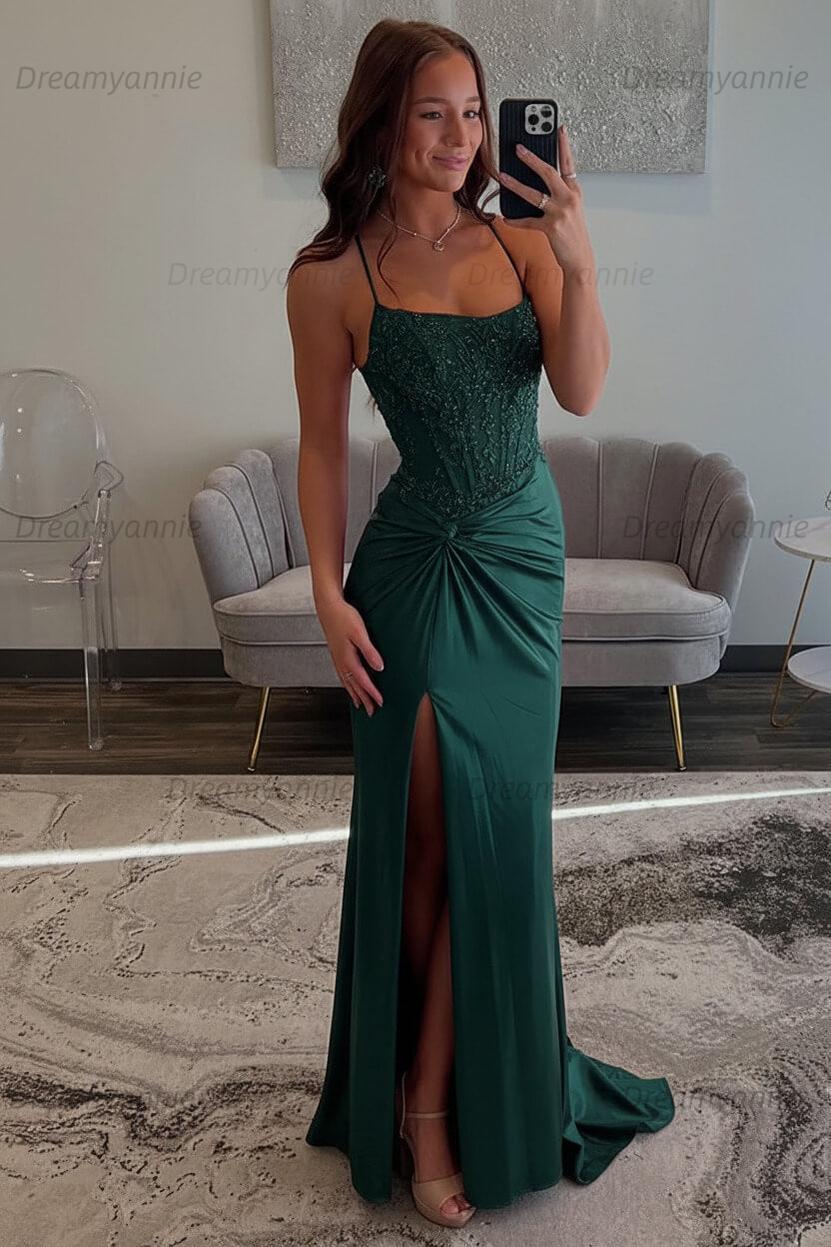 Dreamyannie Red Prom Dress Spaghetti Straps Ruhed Long Lace Formal Dress With Appliques