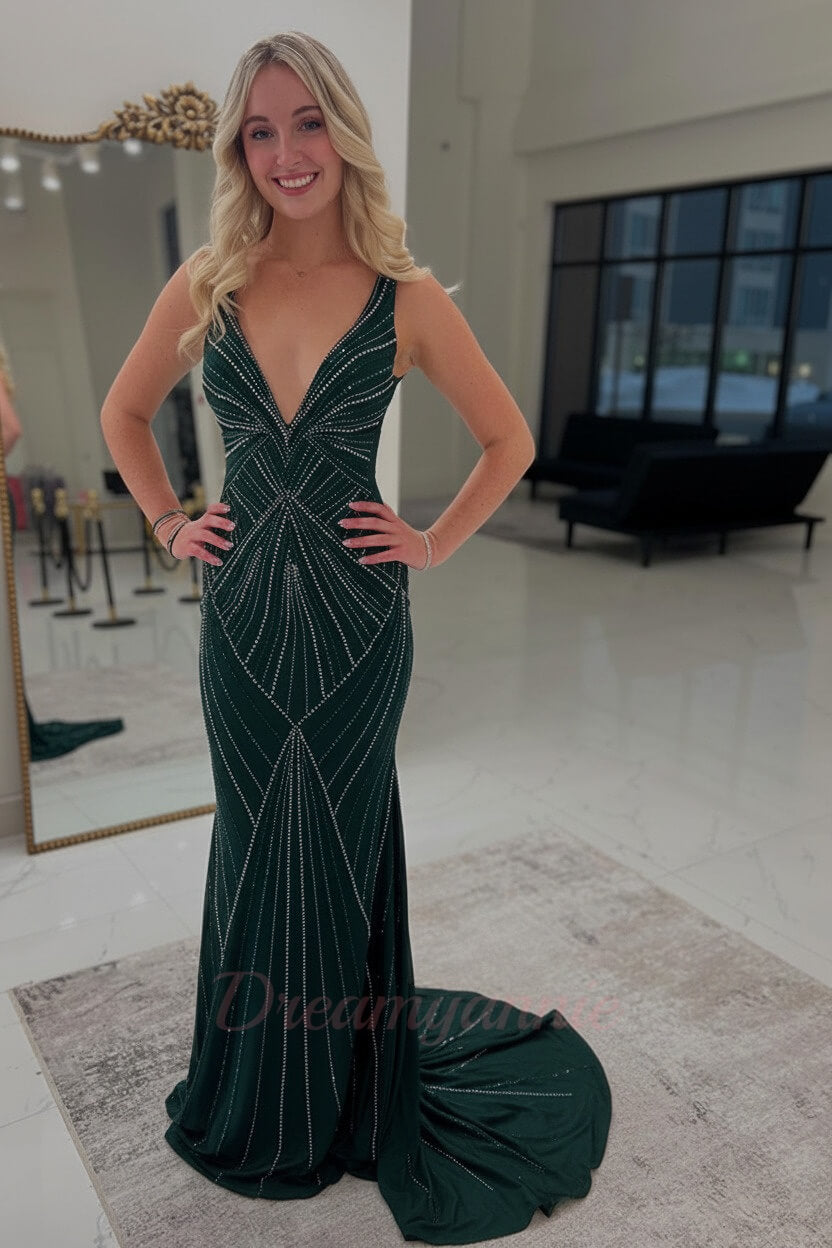 Dreamyannie Black Prom Dress V-Neck Sheath Beaded Formal Dress