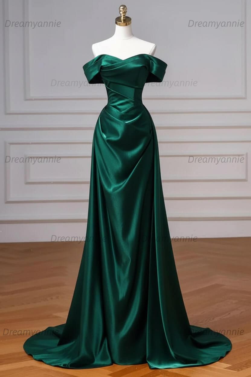 Navy Prom Dress Blue Off The Shoulder Formal Dress with Detachable Train