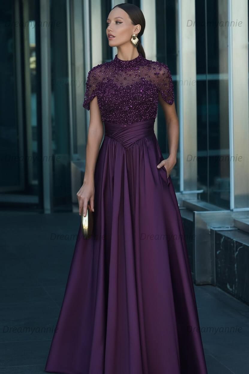 Green A Line Prom Dress Short Sleeve High Neck Beaded Evening Dress